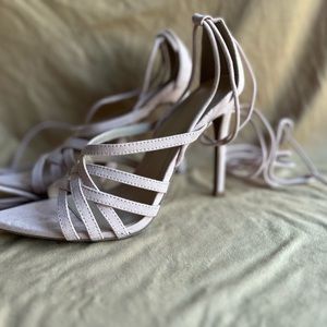 Woman, lace up pink heels